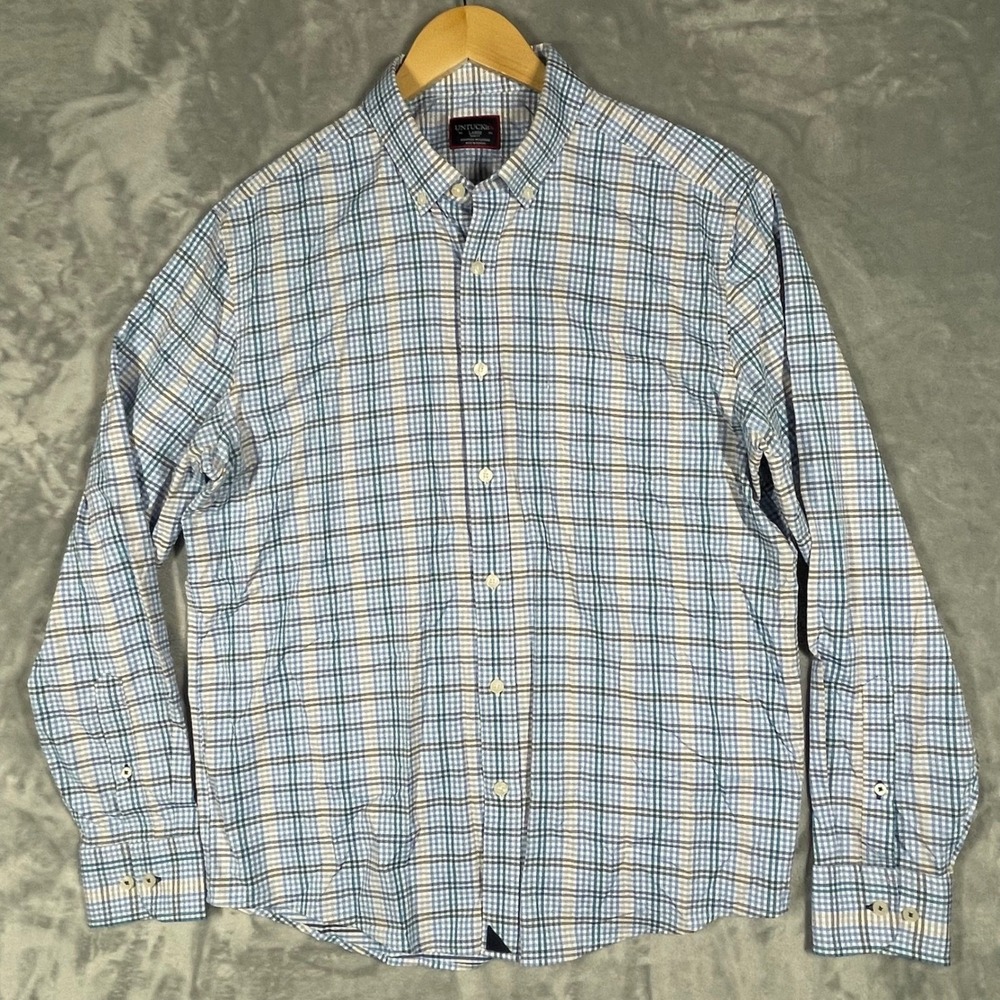 UNTUCKit Mens Large Slim Fit Performance Plaid Button Down Shirt Blue White Tan